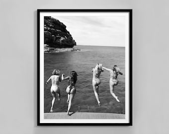 Black and White Ocean Jump Vintage Photo Print: Coastal Summer Wall Art (Digital Download)