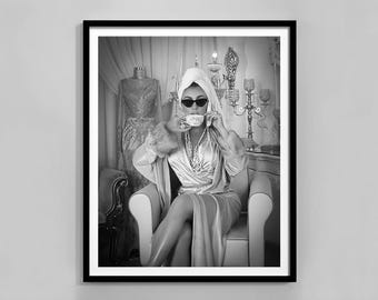 Woman Drinking Coffee Print: Black and White Fashion Wall Art (Digital Download