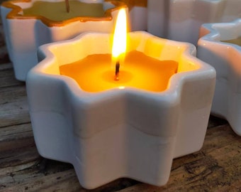 Pure beeswax candles with glazed ceramic holder. Star. Pure Bee Wax