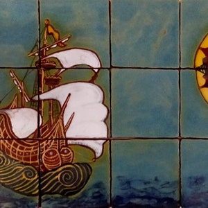 Mural cerámico motivo naútico . Mapas y cartas nauticas. Ceramic wall art. Tile wall art.