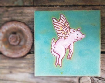 Little pig. Hand painted tile. wall art. Ceramic to frame. Unique piece