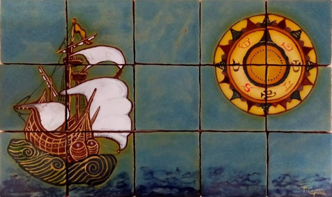 Ceramic Mural With Nautical Motif. Maps and Nautical Charts. Ceramic