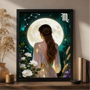 Virgo Zodiac Woman Wall Art | Celestial Maiden Digital Download | Boho Astrology Decor Print | Full Moon Goddess Art Gift