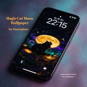 Könnte beinhalten: Ein Smartphone mit einem digitalen Hintergrundbild, das eine schwarze Katzensilhouette vor einem großen gelben Mond zeigt, umgeben von violetten und blauen Wolken sowie leuchtenden Blumen. Der Text lautet Magic Cat Moon Wallpaper for Smartphone und AI-generated mockup for visualization.