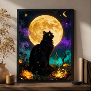 Magical Black Cat Wall Art Digital Download | Witchy Decor, Full Moon Art, Boho Celestial Print, Halloween Cat Lover Gift