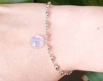 Real Pressed Forget-Me-Not Stainless Steel Beaded Bracelet
