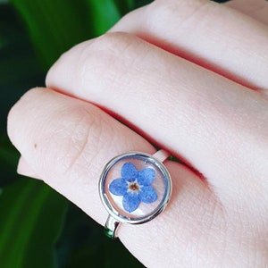 Sterling silver forget me not flower adjustable ring. Real forget me not ring.
