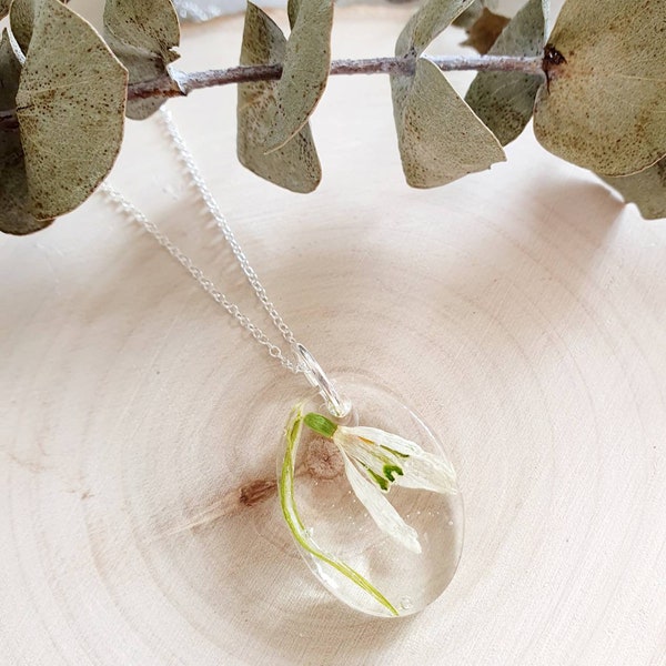 Oval snowdrop necklace. Real snowdrop pendant. Pressed snowdrop necklace.