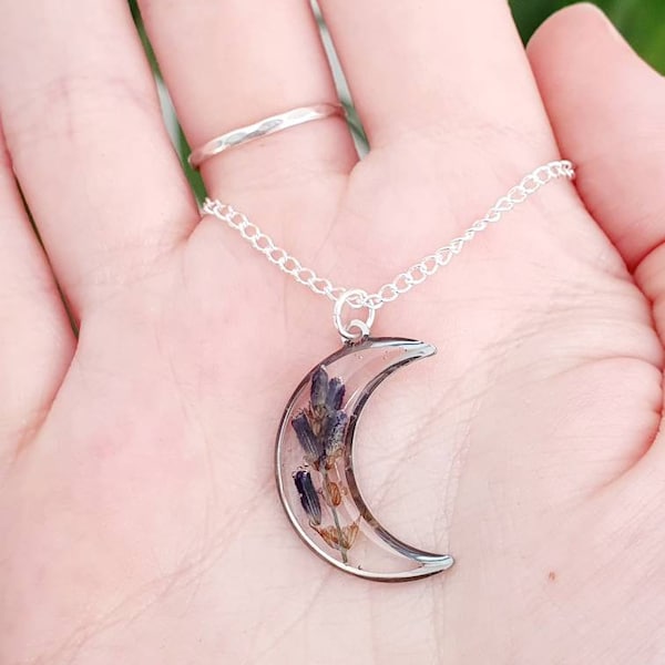 Lavender Moon Necklace: Real Pressed Flower, Silver Plated Chain