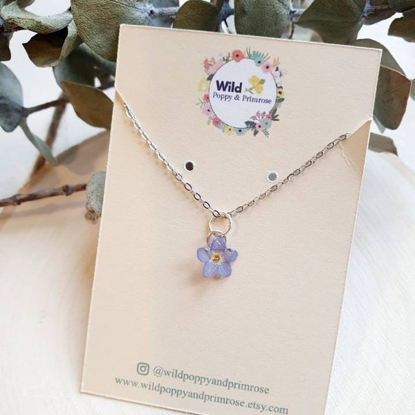 Blue forget me not necklace. Real pressed forget me not necklace. Sterling silver forget me not necklace. Ladies necklace