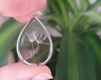 Dandelion necklace. Silver Dandelion seed necklace. Dandelion wishes. Make a wish dandelion necklace.  Pressed dandelion teardrop pendant.