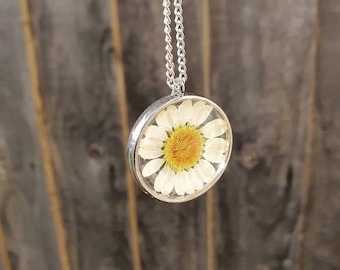 Pressed Daisy Resin Necklace: April Birth Flower, Silver/Gold Plated