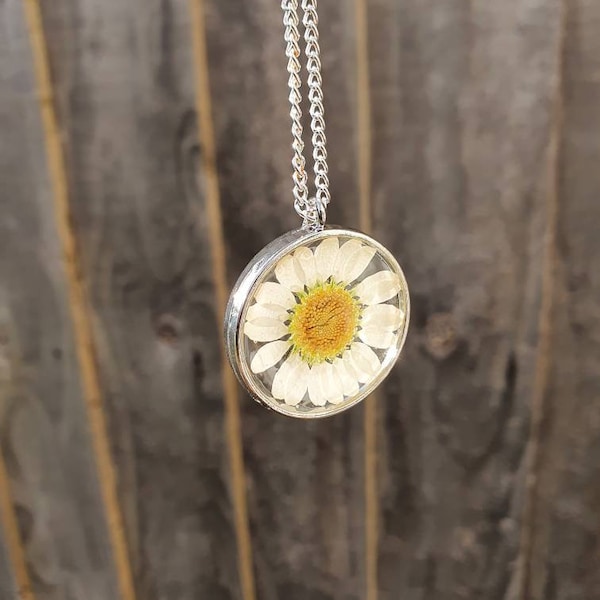 Pressed Daisy necklace. Pressed flower necklace. Silver daisy necklace. Resin daisy necklace. Gold daisy necklace. April birth flower