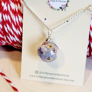 Forget me not snow globe necklace. Real forget me not orb necklace. Silver forget me not. Glass flower ball necklace.