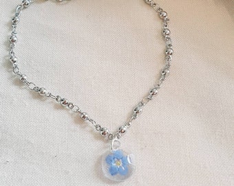 Real Forget-Me-Not Flower Stainless Steel Anklet