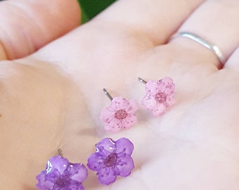 Purple flower earrings. Tiny real petal flower stud earrings. Blossom stud earrings. Pressed blossoms. Jewellery gifts