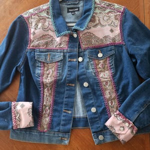 Upcycled Denim Paisley Jacket, Boho Patchwork Jean Jacket, Repurposed Shirt, Handmade Embroidered Jacket, Western Hippie Clothing