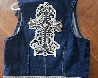 Upcycled Denim Vest with Leather & Rhinestone Cross, Boho Western Vest, Embellished Jean Vest, Handmade