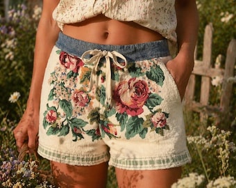 Upcycled Toweling Cloth Shorts – Cottagecore Boho Summer Clothing Size 6 or up to a 28in waist