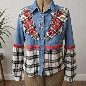 Upcycled Denim Plaid Shirt | Embroidered Rose Appliqué | Boho Western Patchwork Top