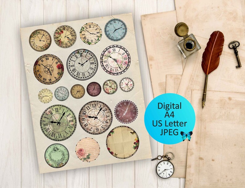 Vintage Clocks, Die Cut Clocks, Shabby Chic, Digital, Ephemera ...