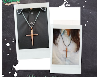 Handmade Nail Cross necklace - Xma Cross Pendant on 24’’ - Leather Cord Necklace – Holiday cross pendant- Handmade cross pendant gift