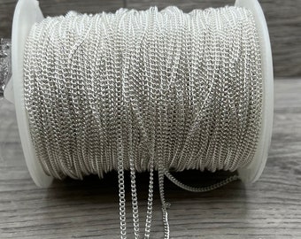 3 Metres Silver Plated Chain 2.5mm, Delicate Bright Silver Curb Chain