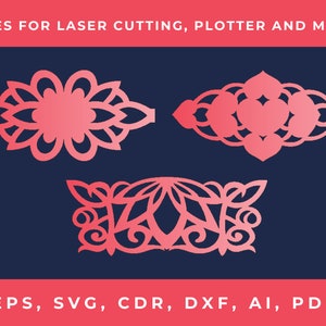 Könnte beinhalten: Drei lasergeschnittene Designs in einem rosa Farbverlauf, vor einem dunkelblauen Hintergrund. Die Designs umfassen Blumen- und herzförmige Muster. Der Text oben lautet "FILES FOR LASER CUTTING, PLOTTER AND MORE." Der Text unten listet Dateiformate auf: EPS, SVG, CDR, DXF, AI, PDF.