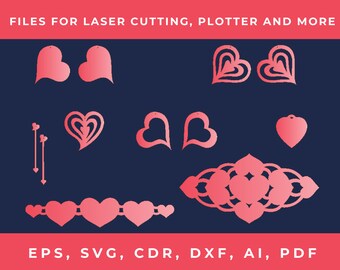 Descarga digital patrón de corazones cortados con láser• Archivos svg casi gratuitos para cricut• Elementos de diseño para plantilla de pedrería• eps,cdr,dxf,ai,pdf