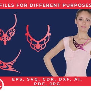 Puede incluir: Cuatro archivos digitales diferentes de un diseño de collar en rojo y rosa. Los archivos están disponibles en los formatos EPS, SVG, CDR, DXF, AI, PDF y JPG.  FILES FOR DIFFERENT PURPOSES está escrito en rojo en la parte superior de la imagen.