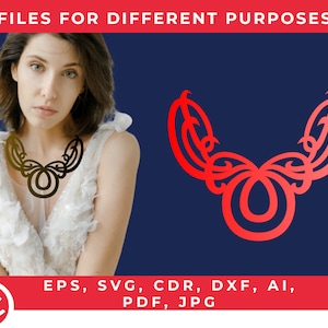 May include: A red, intricate, decorative necklace design with a gradient effect. The design is shown on a blue background. The text "FILES FOR DIFFERENT PURPOSES" is at the top of the image. The text "EPS, SVG, CDR, DXF, AI, PDF, JPG" is at the bottom of the image.