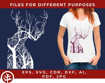 Girl tree silhouette template • Digital woman laser cut pattern • Almost free svg files for Cricut • clipart • eps, cdr, dxf,ai,pdf, jpg