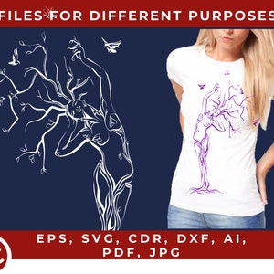 Plantilla de silueta de árbol de niña • Patrón de corte láser de mujer digital • Archivos svg casi gratuitos para Cricut • clipart • eps, cdr, dxf, ai, pdf, jpg