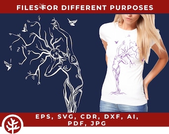 Plantilla de silueta de árbol de niña • Patrón de corte láser de mujer digital • Archivos svg casi gratuitos para Cricut • clipart • eps, cdr, dxf, ai, pdf, jpg