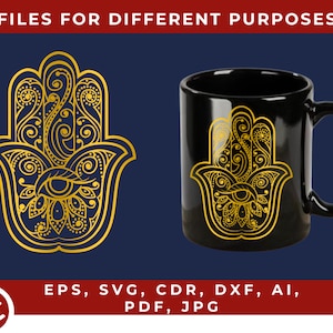 Peut inclure: Un mug noir présente un motif de main de hamsa doré avec des détails complexes, y compris un œil au centre. L'image est entourée de texte qui dit "FILES FOR DIFFERENT PURPOSES" et "EPS, SVG, CDR, DXF, AI, PDF, JPG".