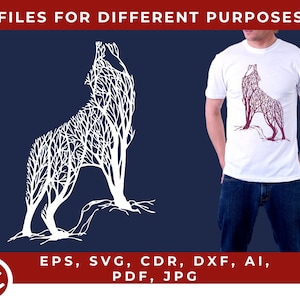 Könnte beinhalten: Eine weiße Silhouette eines heulenden Wolfes, aus Ästen und Blättern zusammengesetzt, auf einem dunkelblauen Hintergrund. Das Bild ist zum digitalen Download verfügbar und enthält Dateien in den Formaten EPS, SVG, CDR, DXF, AI, PDF und JPG.