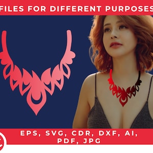 Puede incluir: Un diseño digital de un collar rojo y rosa con un patrón decorativo. El diseño está disponible en múltiples formatos de archivo, incluyendo EPS, SVG, CDR, DXF, AI, PDF y JPG. FILES FOR DIFFERENT PURPOSES está escrito en rojo en la parte superior de la imagen.