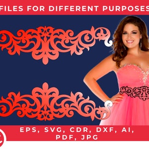 Puede incluir: Un diseño decorativo rojo y blanco con un patrón floral. El diseño se muestra dos veces, una vez en la parte superior y otra en la parte inferior de la imagen. El texto "FILES FOR DIFFERENT PURPOSES" está en la parte superior de la imagen. El texto "EPS, SVG, CDR, DXF, AI, PDF, JPG" está en la parte inferior de la imagen.