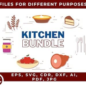 Może przedstawiać: Cyfrowa ilustracja zestawu kuchennego z różnymi produktami spożywczymi, w tym ciastem, tortem, jabłkami, szynką i słoikiem dżemu. Tekst "KITCHEN BUNDLE" jest w niebieskich literach z białym obramowaniem. Tekst "FILES FOR DIFFERENT PURPOSES" jest w białych literach z czerwonym obramowaniem. Tekst "EPS, SVG, CDR, DXF, AI, PDF, JPG" jest w białych literach z czerwonym obramowaniem.