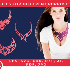 Puede incluir: Diseño digital con cuatro plantillas de collares en tonos rojos y rosas, con intrincados patrones florales y abstractos. La imagen incluye el texto "FILES FOR DIFFERENT PURPOSES" y abreviaturas de tipos de archivo.