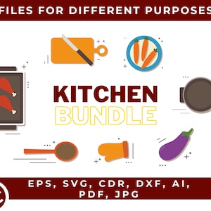 Może przedstawiać: Zestaw ilustracji wektorowych o tematyce kuchennej, w tym deska do krojenia z nożem, talerz z marchewką, blacha do pieczenia z udkami kurczaka, garnek, łyżka, rękawica kuchenna i bakłażan. Tekst "KITCHEN BUNDLE" znajduje się w środku obrazu. Tekst "EPS, SVG, CDR, DXF, AI, PDF, JPG" znajduje się na dole obrazu.