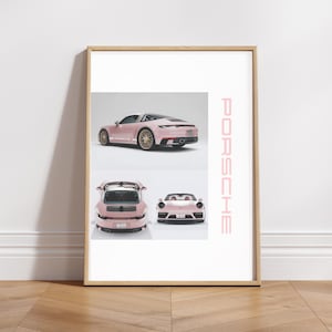 Élégante affiche verticale rose Porsche mate, décoration de voiture, art automobile, art mural rose esthétique, cadeau pour les passionnés de voiture