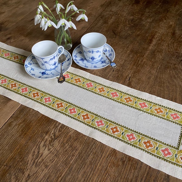 A vintage handmade cross stitched Swedish linen table runner / Scandinavian /