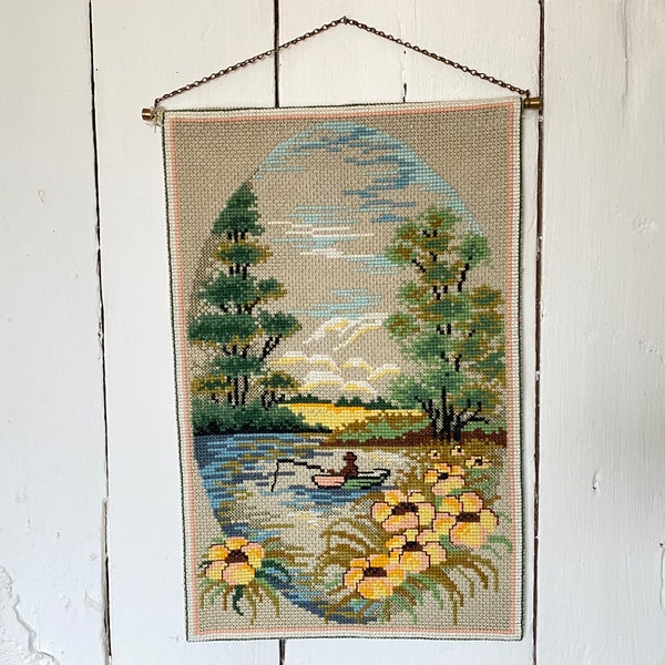 A sweet handmade cross stitched wall hanging tapestry / Scandinavian