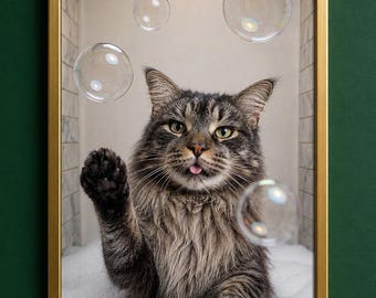 Custom Pet Portrait Funny Cat in Bubble Bath Bathroom Wall Art Personalized Dog Portrait Pet Bathroom Decor Dog Lover Gift