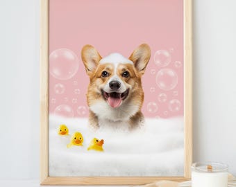 Retrato divertido de mascota personalizado: Perro en la bañera, arte mural para baño (descarga digital)