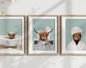 Highland Cow Sitting on the Toilet Minimalist Modern Farmhouse Art Bathroom Wall Decor Funny Animal Print Funny Bathroom Decor Gifts