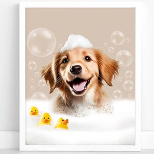 Retrato de mascota personalizado / Perro divertido en baño de burbujas, arte de pared para baño