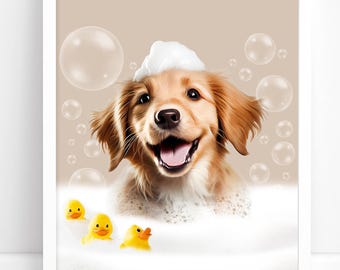 Custom Pet Portrait From Photo Funny Bubble Bath Poster Personalized Bathroom Wall Art Pet Lover Gift Unique Home Decor