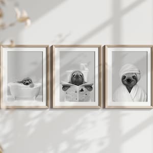 Sloth Set of 3 Prints | Sloth in Bathtub, Toilet & Bathrobe | Kids Bathroom Art | Whimsy Animal Portraits | Funny Sloth in Black and White